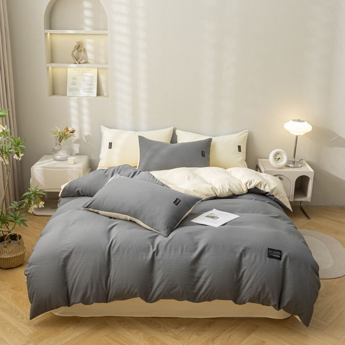 91家纺网 家纺一手货源 找家纺 米瑞娜 2024新款 水洗棉麻双拼纯色四件套 中灰+奶茶