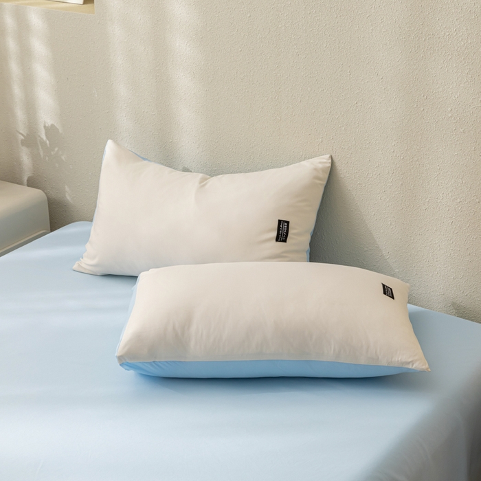 91家纺网 家纺一手货源 找家纺 米瑞娜 2024新款 水洗棉麻双拼纯色四件套 奶白+淡蓝