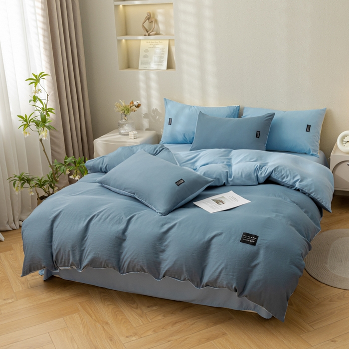 91家纺网 家纺一手货源 找家纺 米瑞娜 2024新款 水洗棉麻双拼纯色四件套 雾蓝+淡蓝