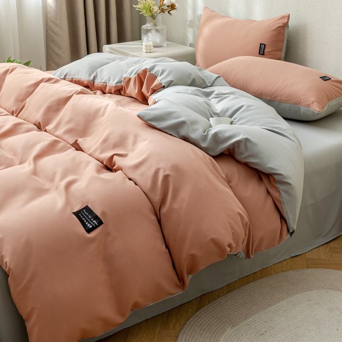 91家纺网 家纺一手货源 找家纺 米瑞娜 2024新款 水洗棉麻双拼纯色四件套 黛粉+浅灰