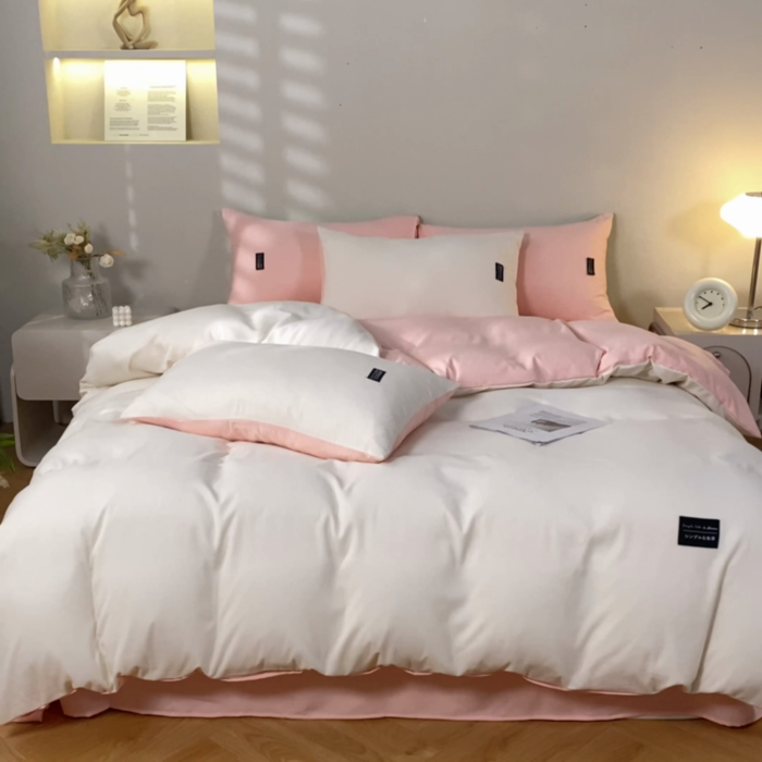 91家纺网 家纺一手货源 找家纺 米瑞娜 2024新款 水洗棉麻双拼纯色四件套 奶白+冰粉