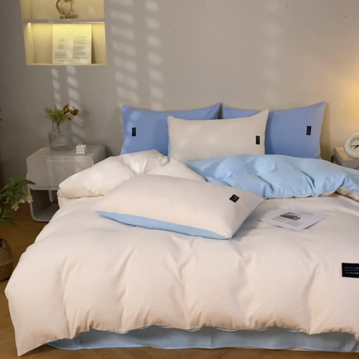 91家纺网 家纺一手货源 找家纺 米瑞娜 2024新款 水洗棉麻双拼纯色四件套 奶白+淡蓝