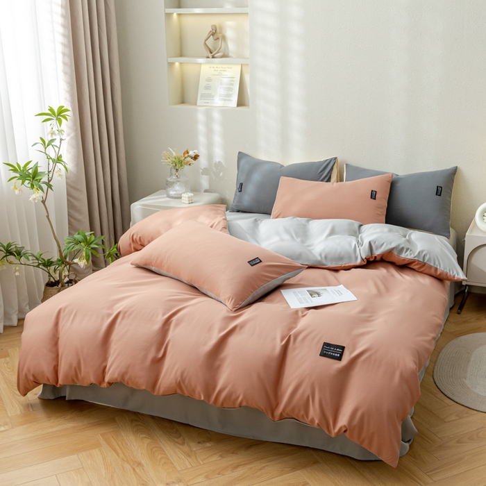 91家纺网 家纺一手货源 找家纺 米瑞娜 2024新款 水洗棉麻双拼纯色四件套 黛粉+浅灰