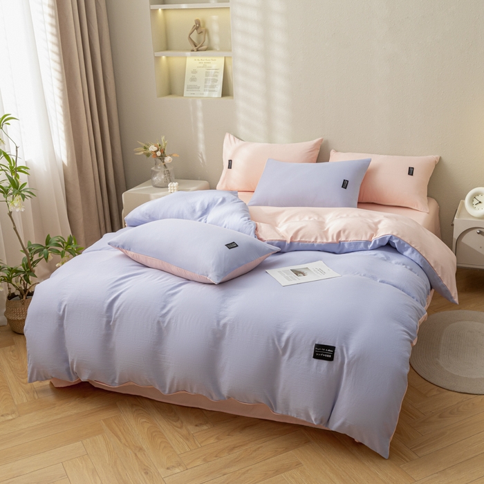 91家纺网 家纺一手货源 找家纺 米瑞娜 2024新款 水洗棉麻双拼纯色四件套 丁香紫+西梅粉