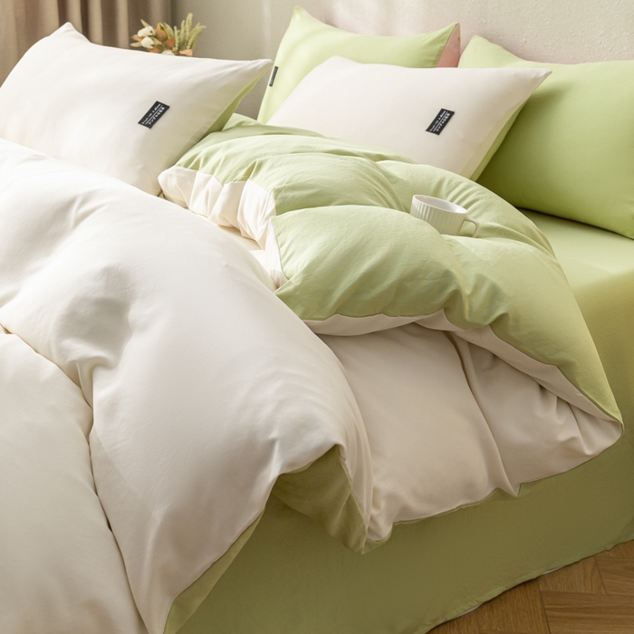 91家纺网 家纺一手货源 找家纺 米瑞娜 2024新款 水洗棉麻双拼纯色四件套 白+豆绿