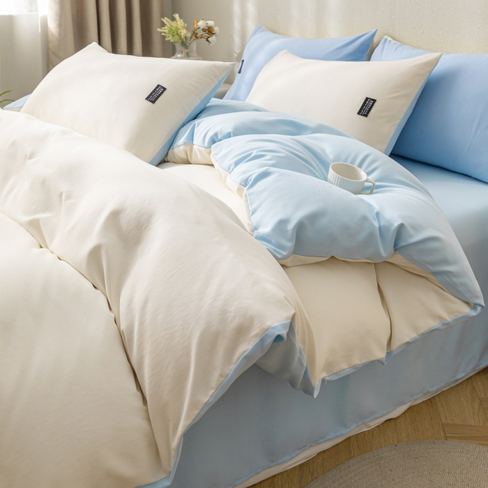 91家纺网 家纺一手货源 找家纺 米瑞娜 2024新款 水洗棉麻双拼纯色四件套 奶白+淡蓝