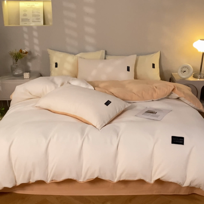 91家纺网 家纺一手货源 找家纺 米瑞娜 2024新款 水洗棉麻双拼纯色四件套奶茶+芝士