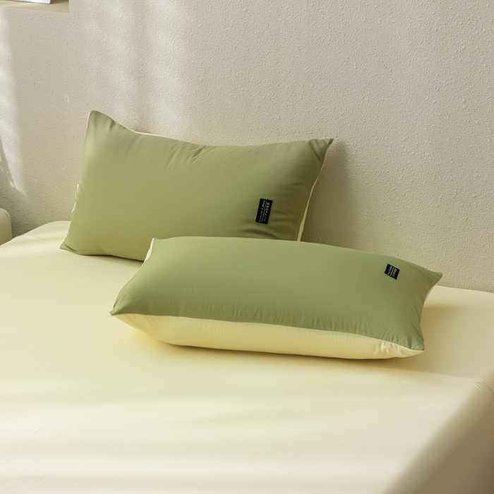 91家纺网 家纺一手货源 找家纺 米瑞娜2024新款水洗棉麻双拼纯色枕套 抹茶+奶油