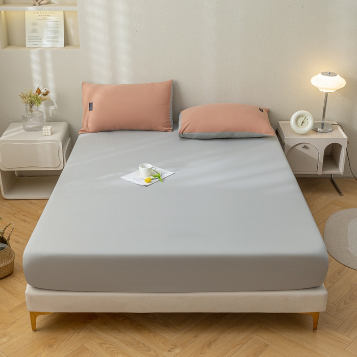 91家纺网 家纺一手货源 找家纺 米瑞娜2024新款水洗棉麻双拼纯色单床笠 黛粉