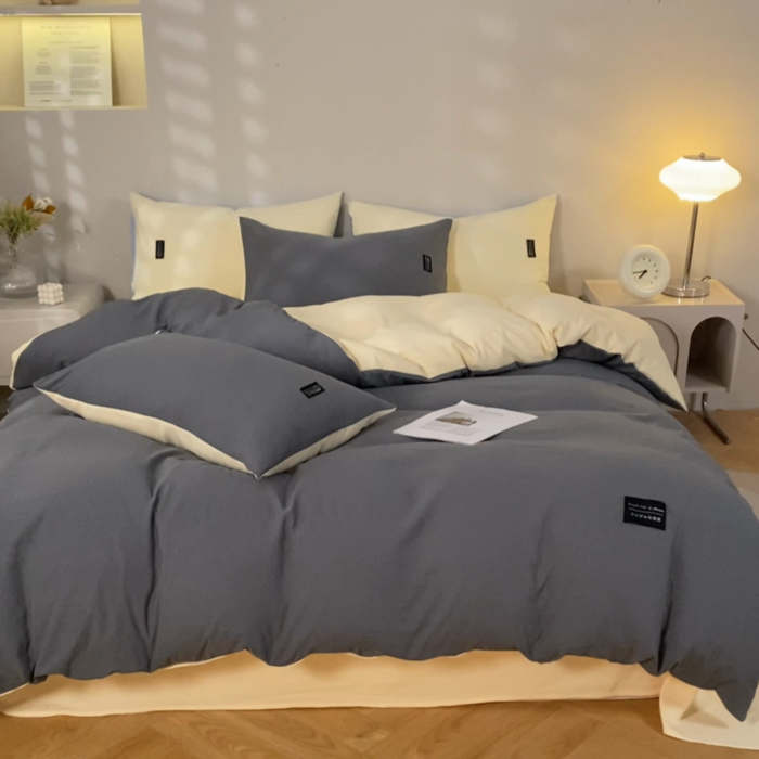 91家纺网 家纺一手货源 找家纺 米瑞娜 2024新款 水洗棉麻双拼纯色四件套 中灰+奶茶