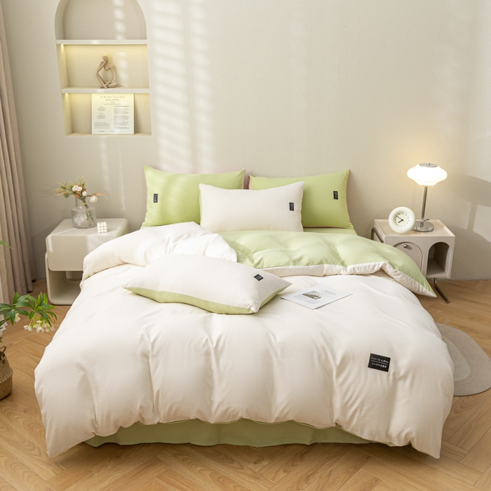 91家纺网 家纺一手货源 找家纺 米瑞娜 2024新款 水洗棉麻双拼纯色四件套 白+豆绿