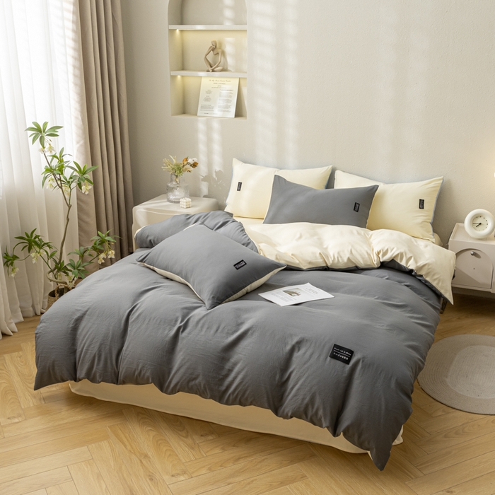 91家纺网 家纺一手货源 找家纺 米瑞娜 2024新款 水洗棉麻双拼纯色四件套 中灰+奶茶