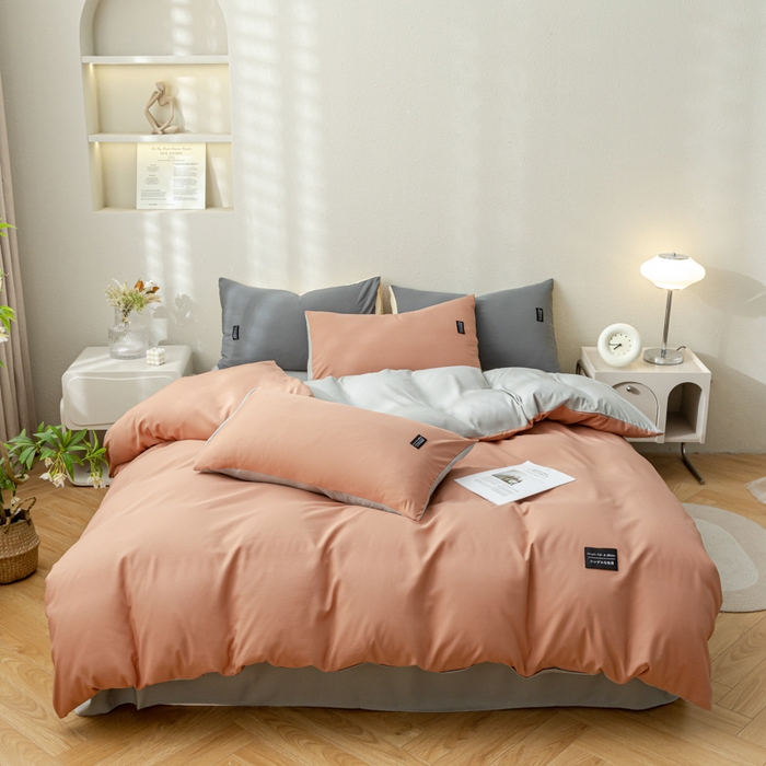 91家纺网 家纺一手货源 找家纺 米瑞娜 2024新款 水洗棉麻双拼纯色四件套 黛粉+浅灰