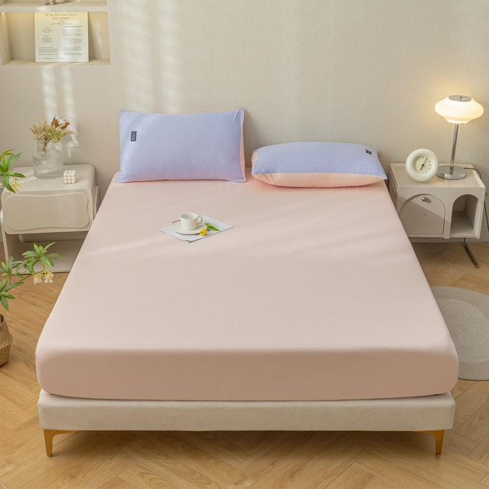 91家纺网 家纺一手货源 找家纺 米瑞娜2024新款水洗棉麻双拼纯色单床笠 浅粉