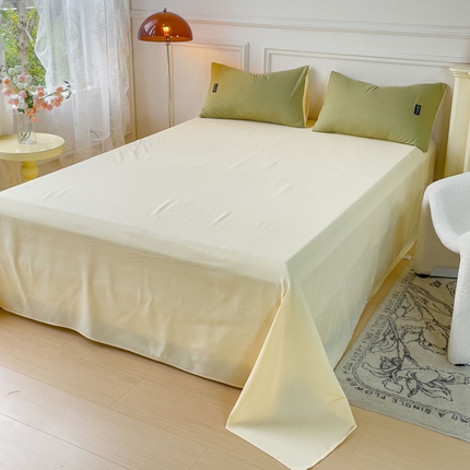 91家纺网 家纺一手货源 找家纺 米瑞娜2024新款水洗棉麻双拼纯色床单 抹茶+奶油床单