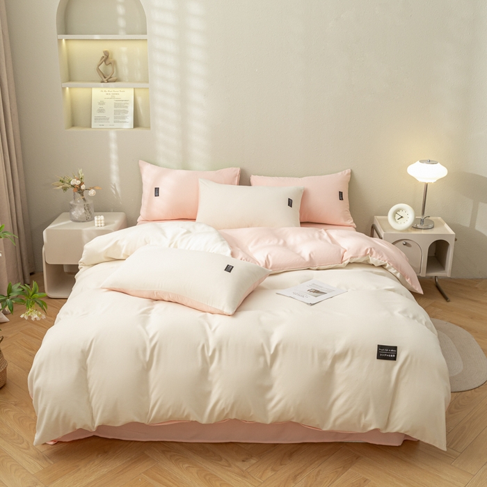 91家纺网 家纺一手货源 找家纺 米瑞娜 2024新款 水洗棉麻双拼纯色四件套 奶白+冰粉