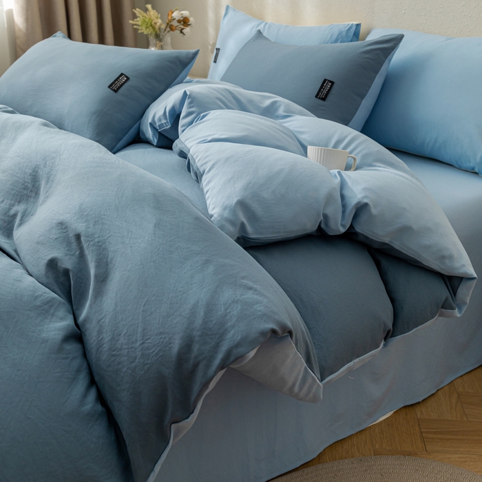 91家纺网 家纺一手货源 找家纺 米瑞娜 2024新款 水洗棉麻双拼纯色四件套 雾蓝+淡蓝