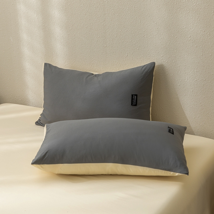 91家纺网 家纺一手货源 找家纺 米瑞娜 2024新款 水洗棉麻双拼纯色四件套 中灰+奶茶