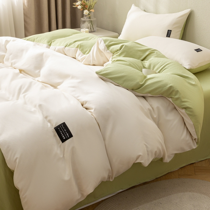 91家纺网 家纺一手货源 找家纺 米瑞娜 2024新款 水洗棉麻双拼纯色四件套 白+豆绿