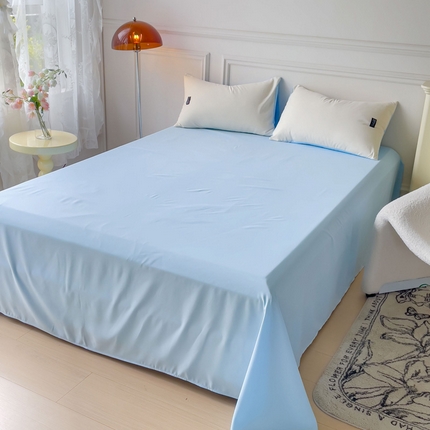 米瑞娜2024新款水洗棉麻双拼纯色床单 奶白+淡蓝床单
