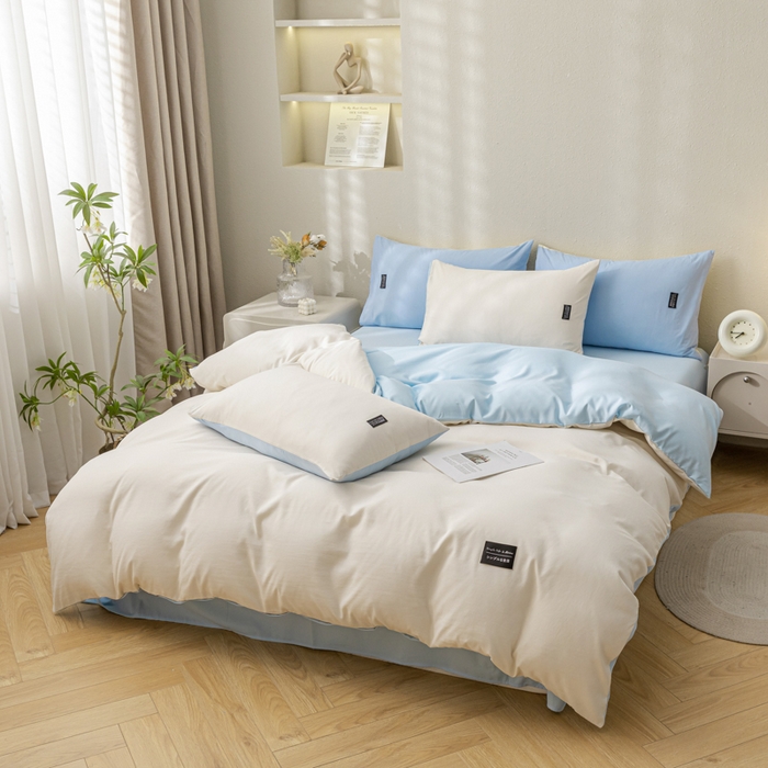 91家纺网 家纺一手货源 找家纺 米瑞娜 2024新款 水洗棉麻双拼纯色四件套 奶白+淡蓝