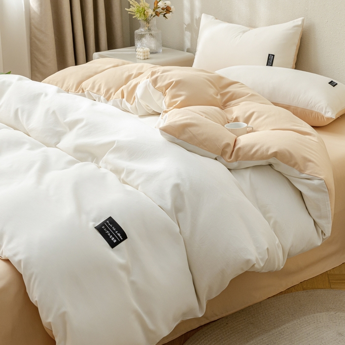 91家纺网 家纺一手货源 找家纺 米瑞娜 2024新款 水洗棉麻双拼纯色四件套奶茶+芝士