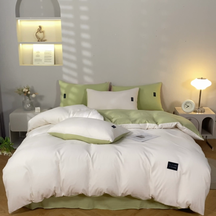 91家纺网 家纺一手货源 找家纺 米瑞娜 2024新款 水洗棉麻双拼纯色四件套 白+豆绿