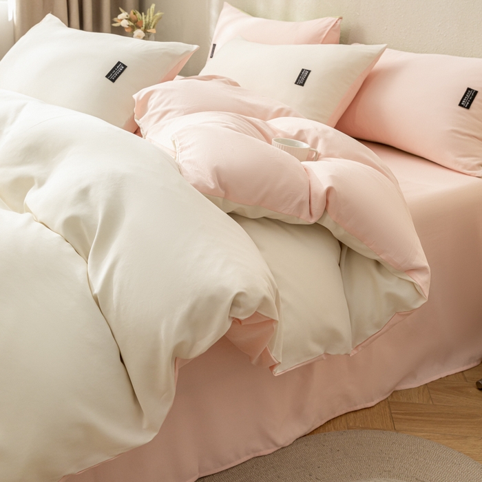 91家纺网 家纺一手货源 找家纺 米瑞娜 2024新款 水洗棉麻双拼纯色四件套 奶白+冰粉