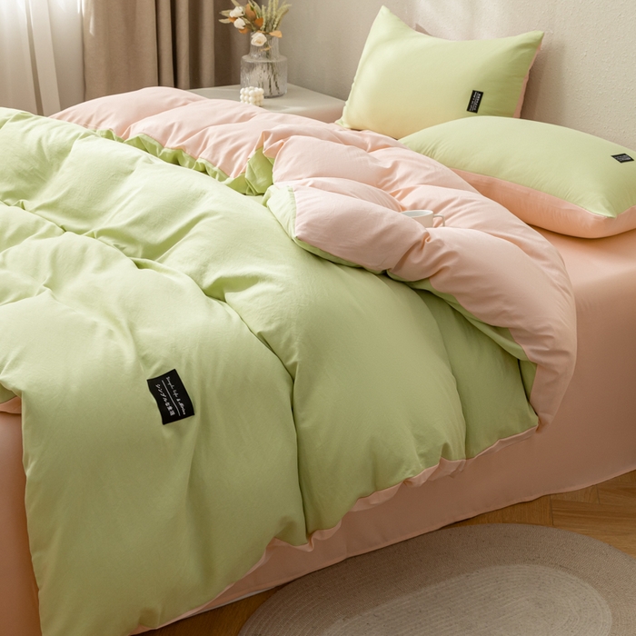 91家纺网 家纺一手货源 找家纺 米瑞娜2024新款无印风水洗棉麻单品—单被套 豆绿+冰粉