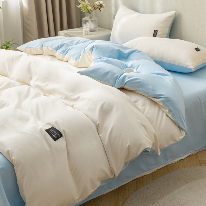 91家纺网 家纺一手货源 找家纺 米瑞娜 2024新款 水洗棉麻双拼纯色四件套 奶白+淡蓝