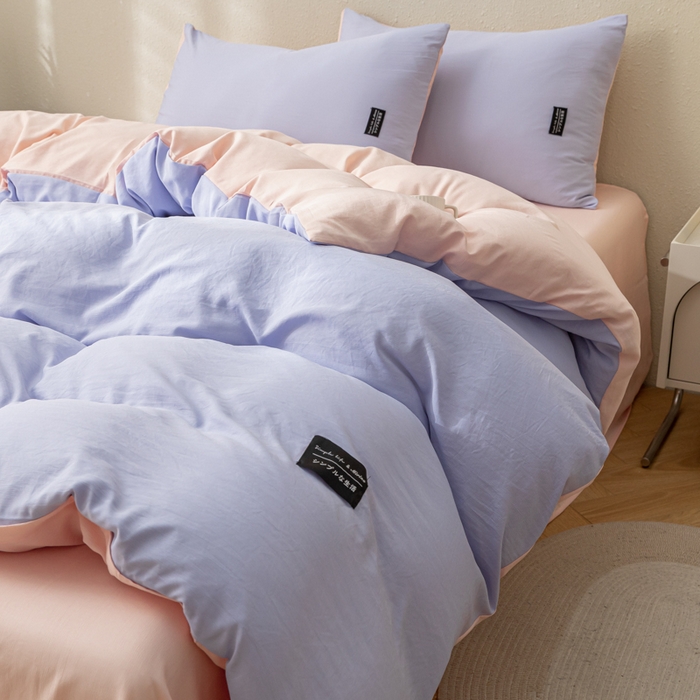 91家纺网 家纺一手货源 找家纺 米瑞娜 2024新款 水洗棉麻双拼纯色四件套 丁香紫+西梅粉