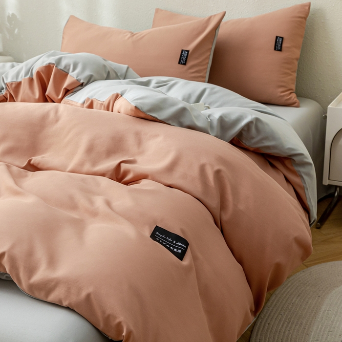 91家纺网 家纺一手货源 找家纺 米瑞娜 2024新款 水洗棉麻双拼纯色四件套 黛粉+浅灰