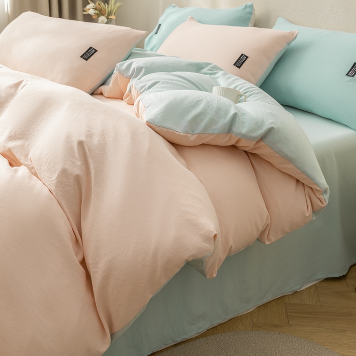 91家纺网 家纺一手货源 找家纺 米瑞娜 2024新款 水洗棉麻双拼纯色四件套 冰粉+自然绿