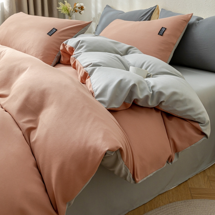 91家纺网 家纺一手货源 找家纺 米瑞娜 2024新款 水洗棉麻双拼纯色四件套 黛粉+浅灰