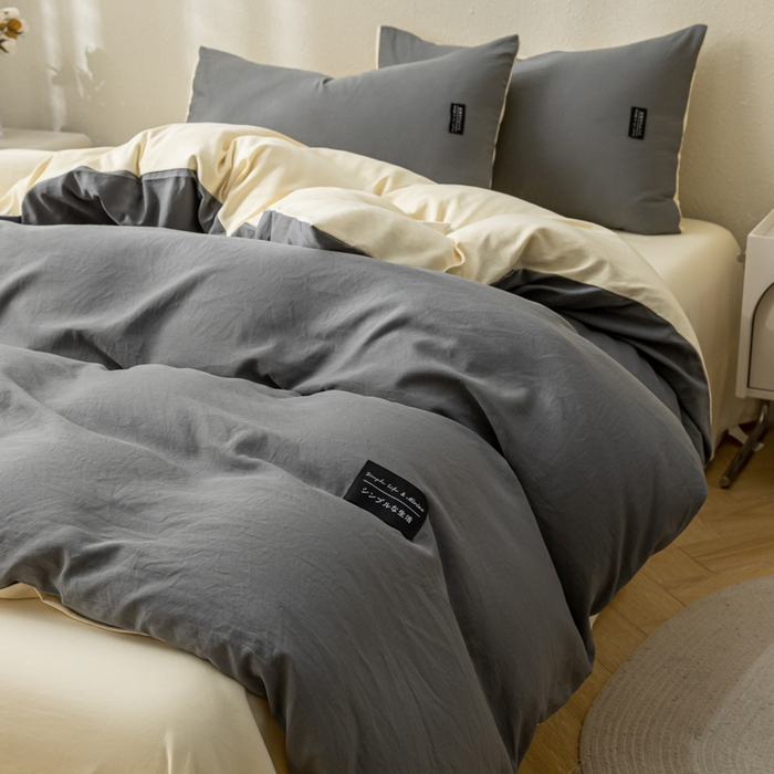 91家纺网 家纺一手货源 找家纺 米瑞娜 2024新款 水洗棉麻双拼纯色四件套 中灰+奶茶