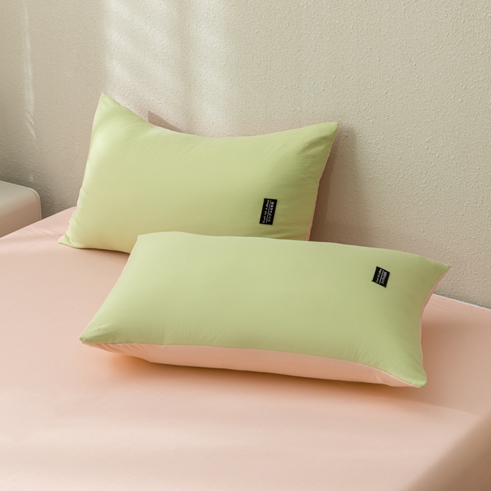 91家纺网 家纺一手货源 找家纺 米瑞娜2024新款水洗棉麻双拼纯色枕套 豆绿+冰粉