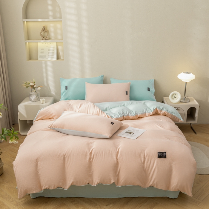 91家纺网 家纺一手货源 找家纺 米瑞娜 2024新款 水洗棉麻双拼纯色四件套 冰粉+自然绿