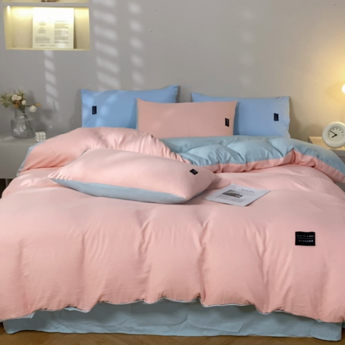 91家纺网 家纺一手货源 找家纺 米瑞娜 2024新款 水洗棉麻双拼纯色四件套 冰粉+自然绿