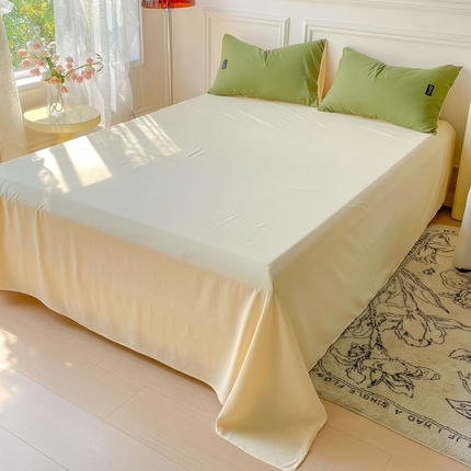 米瑞娜2024新款水洗棉麻双拼纯色床单 橄榄绿+奶油床单
