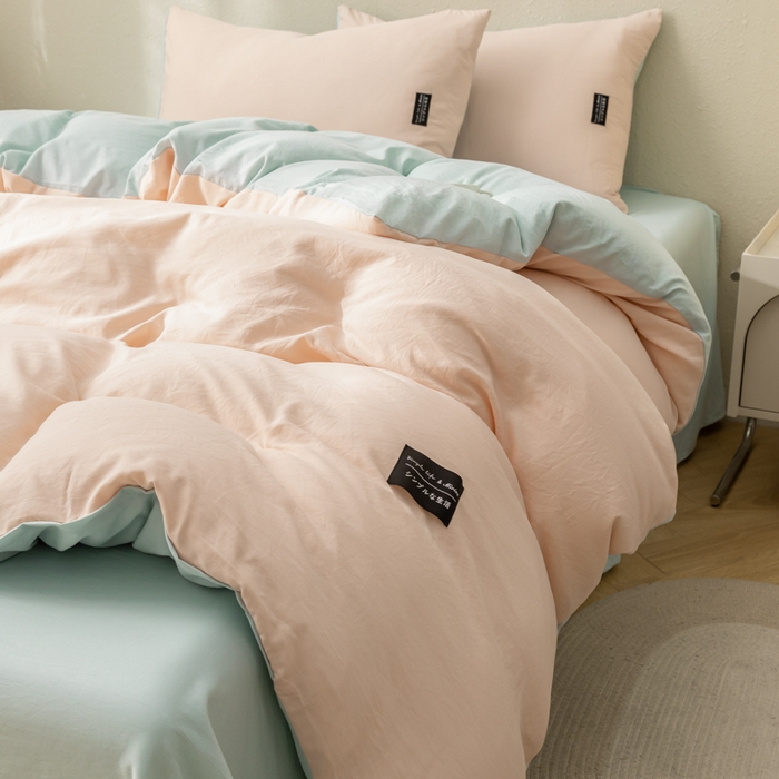 91家纺网 家纺一手货源 找家纺 米瑞娜 2024新款 水洗棉麻双拼纯色四件套 冰粉+自然绿