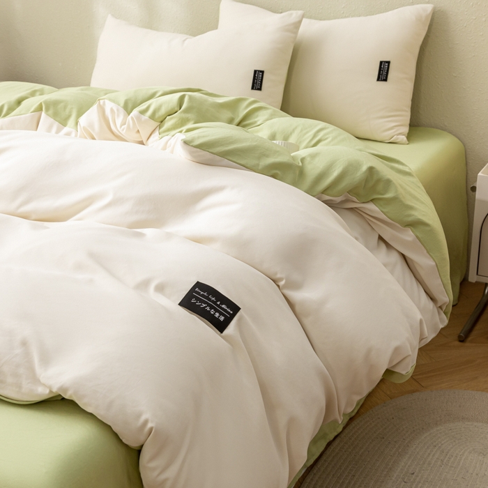 91家纺网 家纺一手货源 找家纺 米瑞娜 2024新款 水洗棉麻双拼纯色四件套 白+豆绿