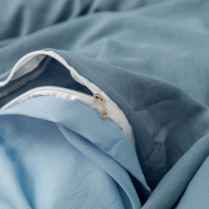 91家纺网 家纺一手货源 找家纺 米瑞娜 2024新款 水洗棉麻双拼纯色四件套 雾蓝+淡蓝