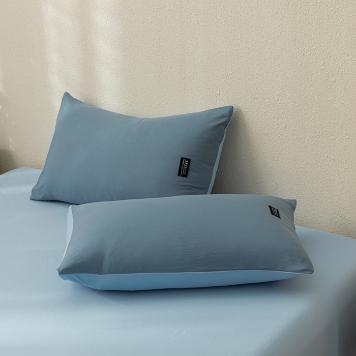 91家纺网 家纺一手货源 找家纺 米瑞娜 2024新款 水洗棉麻双拼纯色四件套 雾蓝+淡蓝