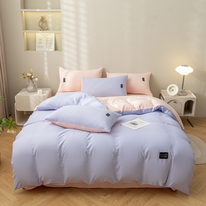 91家纺网 家纺一手货源 找家纺 米瑞娜 2024新款 水洗棉麻双拼纯色四件套 丁香紫+西梅粉