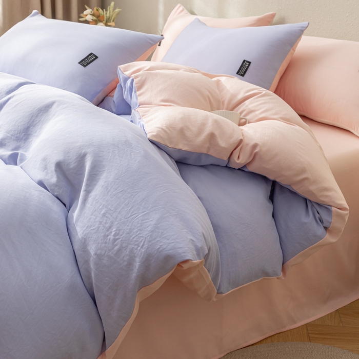 91家纺网 家纺一手货源 找家纺 米瑞娜 2024新款 水洗棉麻双拼纯色四件套 丁香紫+西梅粉