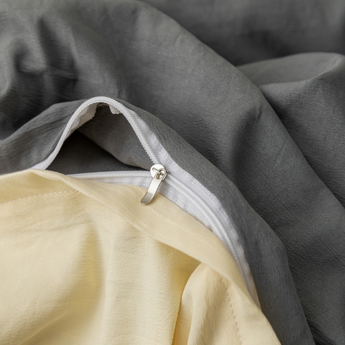 91家纺网 家纺一手货源 找家纺 米瑞娜 2024新款 水洗棉麻双拼纯色四件套 中灰+奶茶