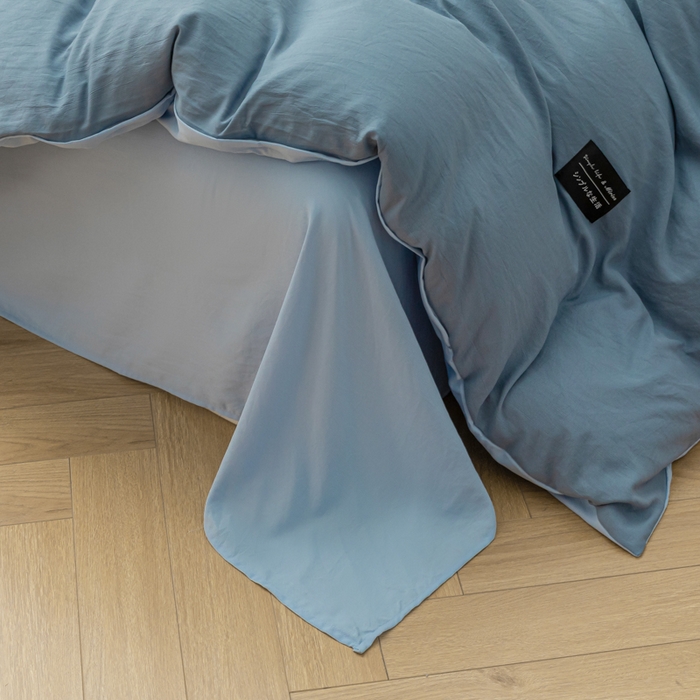 91家纺网 家纺一手货源 找家纺 米瑞娜 2024新款 水洗棉麻双拼纯色四件套 雾蓝+淡蓝