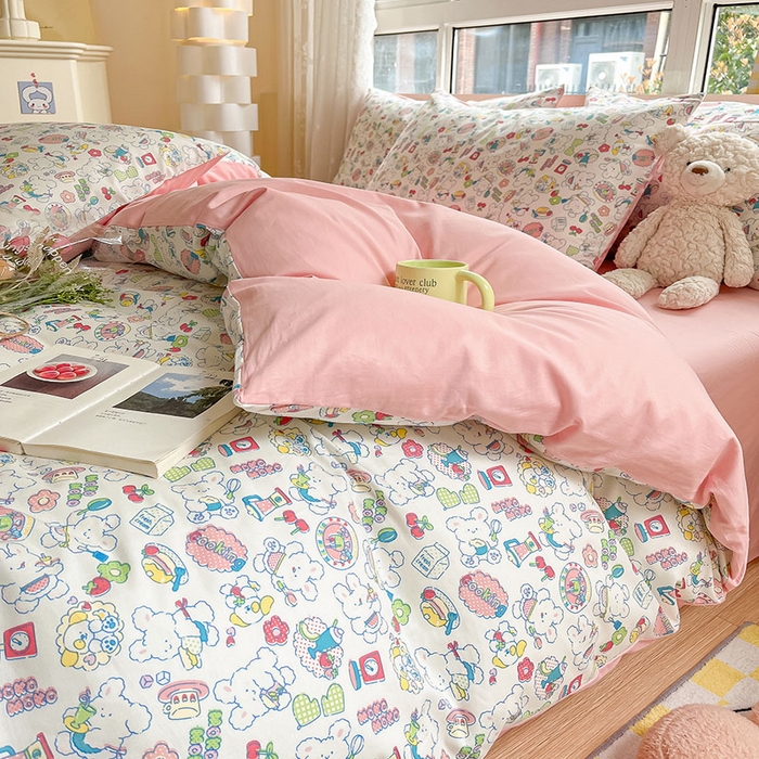 91家纺网 家纺一手货源 找家纺 柠馨2023新款 13376全棉印花三件套学生季三件套 枝枝桃桃