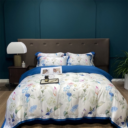 91家纺网 家纺一手货源 找家纺 朵美2023新款100支兰精天丝数码印花系列—四件套 谢池春