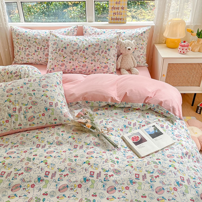 91家纺网 家纺一手货源 找家纺 柠馨2023新款 13376全棉印花三件套学生季三件套 枝枝桃桃